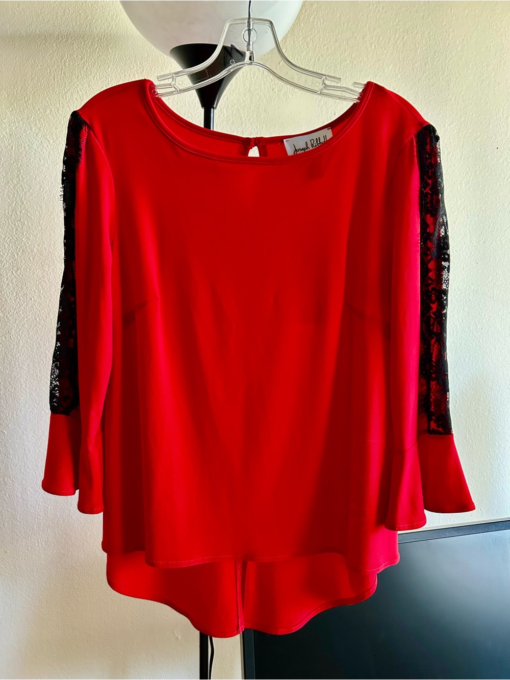 Joseph Ribkoff Red Blouse with Black Lace Sleeve Panels